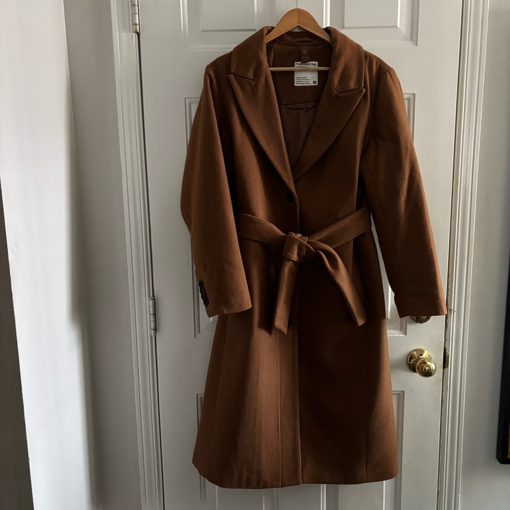 Frank And Oak Recycled Wool Belted Long Coat in Tobacco - Size L
